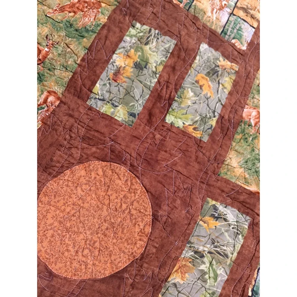 Homemade Deer Rustic Leaf Stitch Applique Cabin Lodge Throw Blanket 58x75